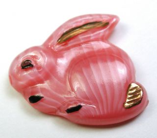 Pink Moonglow Glass Button Realistic Bunny Rabbit Design W/ Paint Accents - 1 "