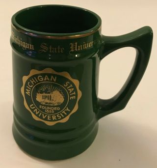 Vintage Michigan State University Ceramic Beer Stein Mug Green Gold Trim