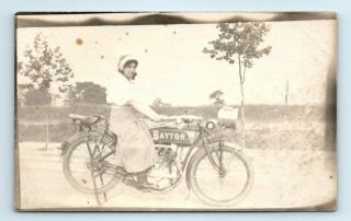 C1915 Dayton Motorcycle - Woman Rider - Dayton Cycle Co.  - " Go Sometimes.  65mph "
