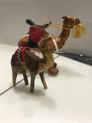 Vtg 2 Camel Leather Wood Wrapped Figure Figurine Statues W/ Saddle 4”