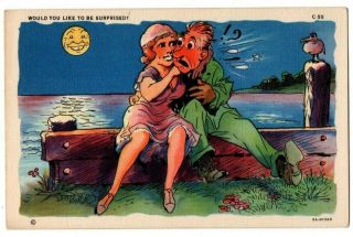 Ray Walters Man Woman Man In Moon Scene Comic Humor Comical Linen Postcard