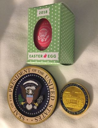 3 Trump Easter 2018 = Egg,  White House Challenge Coin,  Eagle Seal Magnet Three