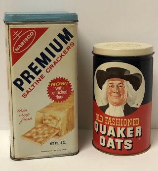 2 Vintage Tins - 1969 Nabisco Premium Saltine Crackers & 1982 Quaker Oats