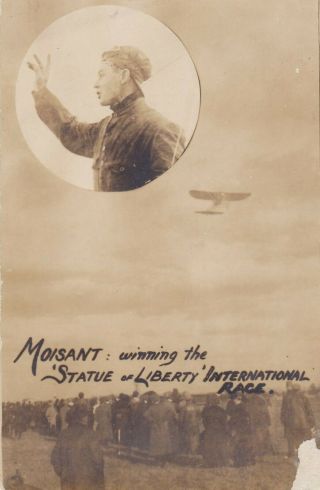 Old Rppc Postcard Aviation Moisant Wins Statue Of Liberty Intl Race Airplane