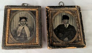 Two Small Wood Framed Tintypes,  Husband & Wife,  With Rings For Hanging C 1860s