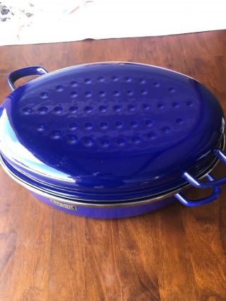 Chantal Germany Blue Enamel Cookware Roaster Roasting Pan W Lid & Rack16.  5x11.  5