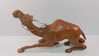 Vintage Hand Carved Wood & Leather 13” Camel Figurine