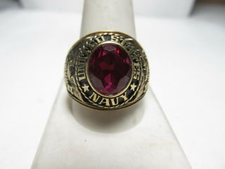 Heavy 10k Solid Gold United States Navy Ring With Red Stone 20.  00 Grams