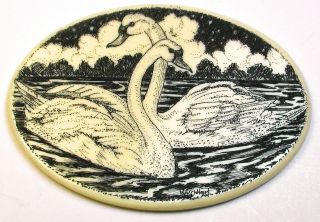 Artisan Scrimshaw Button Etched & Inked 2 Swans Swimming Scene 2 & 1/16