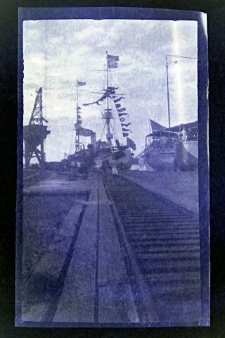 1910s Photo Negative Boats Ships Harbor Dock Train Track Rail Flags 5.  75 X 3.  5 D