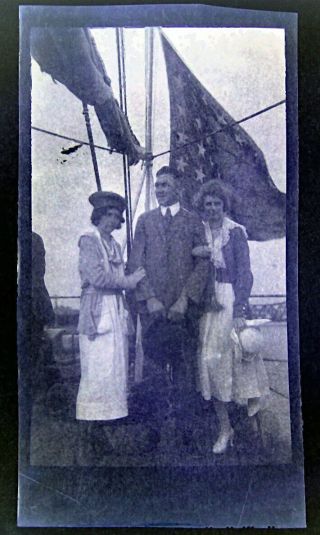 1910s Photo Negative Women Man Boat Flag Stars Sail Harbor 5.  75 X 3.  5 D
