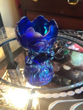 Imperial Glass Blue Carnival Inverted Fan & Feather Footed Rose Bowl