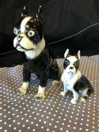 2 Vintage Black & White Boxer Dogs Ceramic Figurine Big Eyes 5 3/4”tall & 3.  5”
