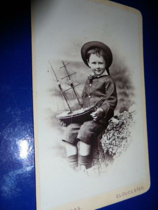 Cdv Old Photograph Boy Toy Yacht By Thomas At Gloucester C1880s