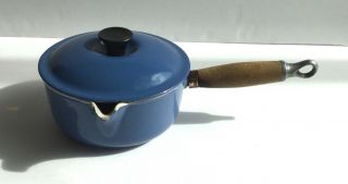 Vintage Blue Le Creuset France 16 Spouted 1qt Sauce Pan Pot W.  Lid Wood Handle