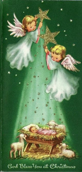 Glitter Gold Star Pretty Angel Girl Lady Lamb Manger Vtg Christmas Greeting Card