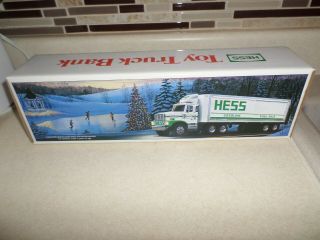 1987 Hess Toy Truck Bank.  With Siding Trailer Box Doors & Oil Barrels