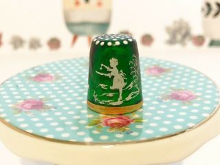 Thimble Green Glass Kb Italy Mary Gregory Boy & Girl W/applied Dots Beauty