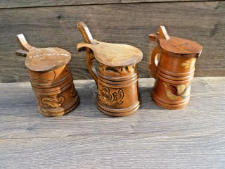 Swedish Vintage Set Of 3 Wooden Beer Mugs.  Old Wooden Steins