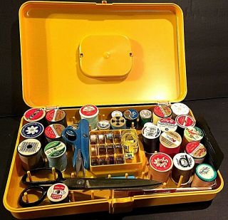 Vintage Sewing/storage Box With Access: Spools Of Thread Needles Shears Tape Etc