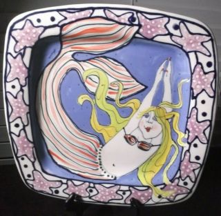Stoneware Art By Diane Plate Platter 2001 Mermaid Ocean Come Dream With Me 13 "