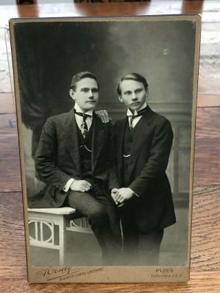 Victorian German Cabinet Photo - Two Men Holding Hands Plzen