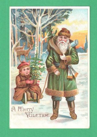 Vintage Christmas Postcard Santa Claus Green Coat Boy Sled Tree Toys Deer Snow