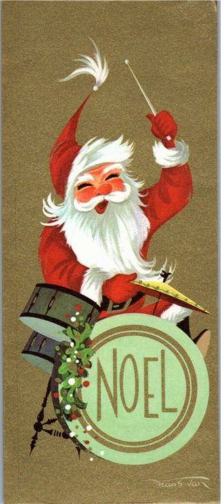 Rockstar Santa Claus Rocks Noel Drum Set Mcm Cymbal Vtg Christmas Greeting Card