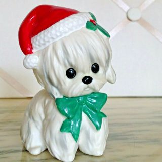 Vintage Lefton Porcelain Christmas Dog Figurine - Maltese Puppy