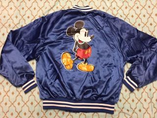 1990’s Vintage Mickey Mouse Bomber Jacket Blue Stadium Satin Disney Size Large