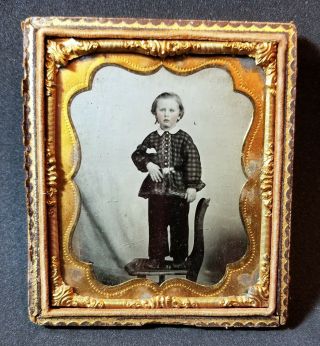 1/6th Plate Ambrotype Photo Cute Boy Standing On Chair; Half Case,  Old