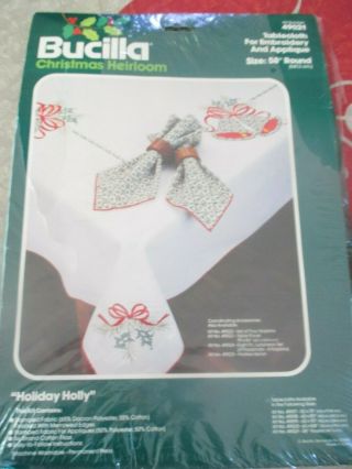Vintage Christmas Bells & Holly 58 " Round Tablecloth Embroidery Kit - 1970 