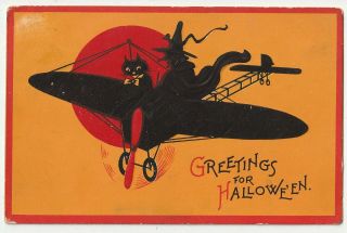 Witch & Black Cat In Airplane Moon Gabriel Halloween Postcard Series 122 1912