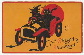 Witch & Black Cat In Jalopy Old Car Gabriel Halloween Postcard Series 122
