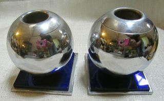Mid Century Art Deco " Chase " Chrome & Blue Glass Ball Candle Holders A Pair Usa