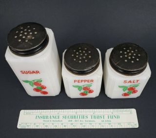 Tipp City Cherries Vintage Range Set Salt Pepper and Sugar Shakers Milk Glass 2