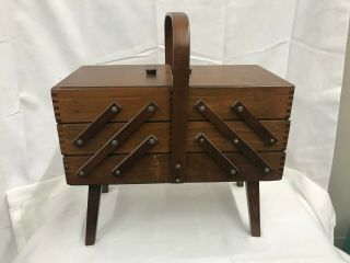 Vintage Accordian Wood Sewing Box Cabinet Romania Craft Storage