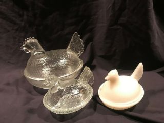 3 Vintage Glass Hen On Nest Large Small Clear Milk Glass