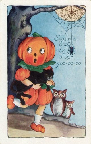 Halloween Postcard,  Published By Whitney,  Little Jol Girl With Owl,  Spider,  Cat.