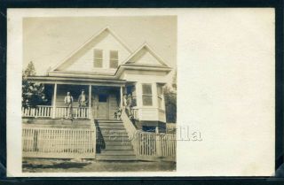 Ca Harris Rppc 1914 Three Men & Dog Pose On Front Porch Of Victorian Home
