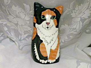 Pretty Calico Kitty Cat 8 " Ceramic Vase Cats By Nina Lyman 2001