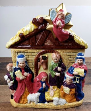 Christmas Nativity Scene Cookie Jar Porcelain Jay Imports Large Biscuit Sweets