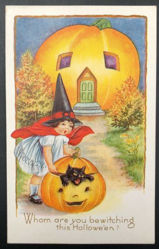 1900s Whitney Spooky Embossed Halloween Postcard Black Cat Pumpkins Witch