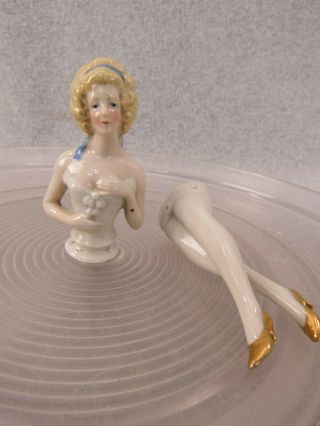 3 " Antique German China Porcelain Half Doll Figurine W Legs 4 Pin Cushion Doll