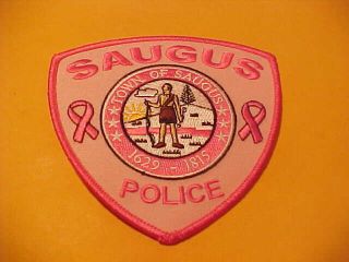 Town Of Saugus Massachusetts Breast Cancer Police Patch Shoulder Size Pink