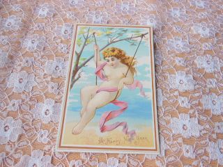 Victorian Year Card/girl On Swing