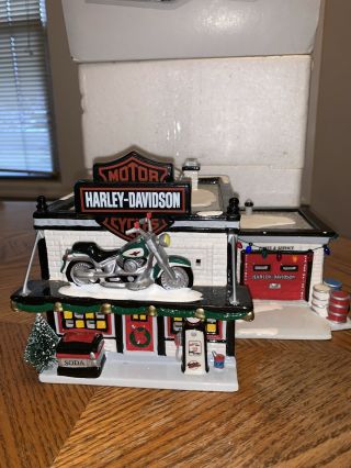 Dept 56 Snow Village - Harley Davidson Motorcycle Shop - W Box And 2 Accessories