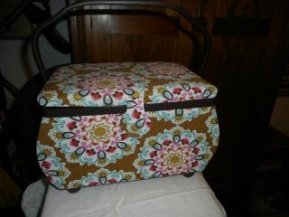 Vintage Sewing Basket Box Floral Wood Handle Snap Closure