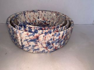 Vintage Set Of 3 Ceramic Nesting Mixing Bowls Red,  White & Blue Splatter Patter