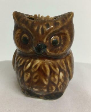 Vintage Owl Toothpick Holder Brown Black Glazed Ceramic Pottery 2 1/4 " Unmarked